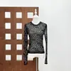 24 Nuevo Diseño de Verano Nicho Versátil Elástico Slim Manga Larga Camiseta Inferior Tul Transparente Pedrería Camiseta Cuello Redondo