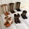 Botas de Equitação Color Block de Couro Bovino de Primeira Camada para Mulheres, Botas Longas de Tecido de Cano Alto, Botas de Cano Alto para Joelho com Salto Médio Robusto e Bico Redondo de Outono, Botas Western Enrugadas