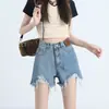 Shorts Jeans Pretos de Cintura Alta para Mulheres Pequenas Novo Verão 2025 Perna Larga Efeito Emagrecedor Rasgado Sexy Linha A Hot Pants