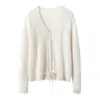 Cárdigan de Cachemira Calado de Ganchillo para Otoño e Invierno con Cordones, Suéter Holgado de Punto de Lana de Color Sólido para Mujer, Chaqueta Exterior
