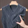 Colete de malha masculino transfronteiriço, roupa masculina casual de negócios, 6% lã, outono e inverno, cor sólida, padrão jacquard, gola V, suéter sem mangas
