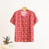 Camiseta Feminina de Algodão e Seda com Decote V de Manga Curta, Estampa Floral, Botões Frontais, Modelagem Solta Casual para Meia-Idade e Idosos