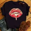 Moda Estilo Europeo y Americano Talla Grande Sexy para Mujer Labios Rojos con Diamantes Estampado de Dibujos Animados Dama Negro Cuello Redondo