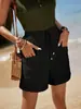 Shorts casuais femininos de verão, novos na moda europeia e americana, soltos, de cintura alta com cós elástico e bolsos
