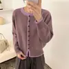 Cardigan de Tricô Listrado Colorido Contrastante Feminino Outono Inverno Novo Estilo Coreano Macio Grudado Versátil Tricô Peça de Baixo Top Curto
