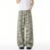 Pantalones casuales estilo camuflaje de la alta calle americana para hombres y mujeres, pantalones rectos de verano retro con cordón para la calle, pantalones sueltos de pierna ancha hasta el suelo