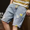 Shorts jeans masculinos verão fino solto reto cropped estilo coreano elegante casual ferramental rasgado calças cropped