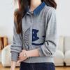 Cárdigan de punto con cuello de camisa de retazos de mezclilla para mujer, primavera y otoño 2025, nuevo, con solapa, bordado, chaqueta suéter, prenda exterior corta