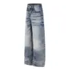 G6979 High Street Estilo Americano Unissex Lavado Vintage Moda de Rua Design Desgastado Jeans Masculino de Caimento Solto