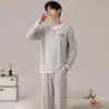 Pijama Masculino de Algodão Puro com Gola Redonda Primavera Outono Inverno Novo Alta Qualidade Manga Longa Calça Longa Tamanho Plus Casual Roupa de Casa Conjunto para Usar por Cima