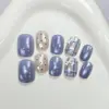 30 Peças de Unhas Cat-Eye Removíveis Usáveis, Padrão Xadrez Azul Pintado à Mão, Laço 3D, Bolinhas, Peças de Unha Feitas à Mão
