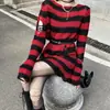 Diablo Subculture Loose Striped Gradient Sweater Rasgado Masculino e Feminino Lágrima Elástica Neutro Punk Comprimento Médio Tricotado
