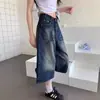 Shorts folgados plus size estilo retrô americano, jeans cropped, calças femininas de verão de cintura alta com perna larga, calças casuais, calças de comprimento médio, da moda