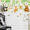 Papel de Parede de Folhas Verdes com Animais Fofos Brincando em um Balanço, Adesivos para Decoração de Parede de Jardim de Infância, Fotos Autoadesivas de Coelhos e Raposas