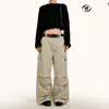 Calça Cargo Plissada Estilo Americano Yongfang para Homens e Mulheres, Simples Solta Baggy, Bolso Tridimensional Tendência Casual Reta de Perna Larga