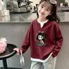 Estiloso Top Infantil de Malha Waffle com Manga Longa para Primavera/Outono, Novo Estilo, Falso Duas Peças, Casual Versátil, Gola Redonda
