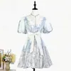 Vestido corto de manga abullonada estampado marca Z con cinturón de corbata de un solo botón, vestido adelgazante para vacaciones en la playa con estampado floral