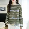 Suéter de tricô Fair Isle com gola redonda para mulheres, apresentando um estilo étnico retrô, mangas compridas, um corte solto e um design fino e leve adequado para primavera e outono