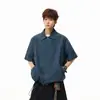 Camisa corta de cuadros azules con pliegues de manga corta miu para hombre y mujer, chaqueta T-shirt casual holgada de moda primavera/verano cityboy