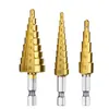 Broca escalonada con vástago hexagonal chapada en titanio broca pagoda broca helicoidal abridor de agujeros para placa de aluminio y acero juego pequeño de tres piezas