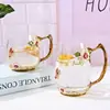 Xícara de Café com Decoração Esmaltada, Copo de Vidro Doméstico para Água, Xícara de Chá Floral para Mulheres, Copo Redondo para Presente no Atacado para Café da Manhã, Leite e Suco