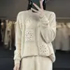 Suéter de Ganchillo Hueco de Lana 100% con Cuello Redondo para Otoño e Invierno 2026 Suelto Casual Ropa de Trabajo Elegante Prendas de Punto para Mujer de Manga Larga