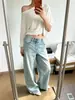 Jeans versátil azul claro lavado com efeito bigode de gato, corte reto solto para mulheres, novas calças casuais de cintura média, corte slim, perna larga 6016