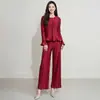 Conjunto de Dos Piezas para Mujer para el Trabajo, Top de Manga Larga a Rayas Verticales y Pantalones de Pierna Ancha, Conjunto Completo de Estilo Ligero y Maduro