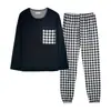 Pijama Cuadros Clásico Blanco y Negro para Mujer, Primavera y Otoño, Cuello Redondo, Se Puede Usar Afuera, Imitación de Algodón, Transpirable, Delgado, Ropa de Casa, Conjunto de Manga Larga