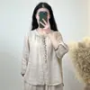 Camisa de Algodón y Lino para Mujer con Cuello Redondo, Bordada, Casual, Versátil, Holgada, Adelgazante, Nueva Camisa de Manga Larga Transpirable Verano 2024 para Mujer