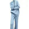 Traje de Punto Azul de Cuello Alto Estilo Coreano Perezoso para Mujer Nuevo Otoño e Invierno 2025 Conjunto de Dos Piezas de Pantalones Rectos Ajustados y Versátiles