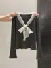 Suéter de Punto con Encaje y Cuello en V con Lazo para Mujer, Top Básico de Manga Larga Ajustado para Primavera y Otoño