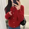 Conjunto Estilo Coreano Vermelho Ankela Primavera Cardigã Suéter Casaco Vermelho para Mulheres Outono Inverno Top Curto Tricotado para Figuras Petite