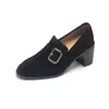 Sapatos Femininos Retro de Couro Camurça com Salto Bloco, Primavera 2026, Adequados para Saias, Mocassins de Calçar, Sapatilhas Estilo Francês