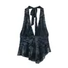 Para Comércio Exterior Transfronteiriço Europeu e Americano Roupas Femininas Aliexpress Mais Vendidas Verão Retro Veludo Estampado Tinta Conjunto Gola Halter
