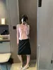 Mochie Outono Novo Estilo Estilo Coreano Renda Patchwork Gravata Borboleta Amarração Decote V Manga Longa Camiseta Top MQ1615