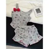 Pijama de Camisola con Bloques de Color y Estampado de Dibujos Animados Estilo Coreano para Mujer, Nuevo Set de Ropa de Casa con Shorts de Talla Grande para Verano 2026