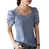 Camiseta canelada de manga curta para mulheres, nova moda feminina verão 2026, camiseta lisa com retalhos de chiffon, gola quadrada e mangas bufantes