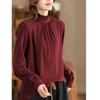 Otoño e Invierno Nuevo Elegante Plisado Cuello de Oreja de Madera Elegante Top para Mujer Terciopelo Cálido Jersey Camiseta de Manga Larga Camiseta Básica