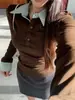 Camiseta de Manga Larga a Rayas Marrón Falsa de Dos Piezas con Cuello Polo para Mujer en Otoño e Invierno Estilo Corto Ajustado Camisa Base para Capas