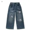 Jeans para Niña 2026 Otoño Nuevo Estilo Niños Medianos y Grandes Bordado 3D de Lazo Pantalones de Pierna Ancha Pantalones de Pierna Recta Ropa para Niños Pantalones