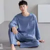 Pijama coreano de algodón puro para hombre, de manga larga y pantalón largo, para otoño e invierno, 100% algodón, cuello redondo, casual, corte holgado, adecuado para usar fuera de casa, conjunto para el hogar