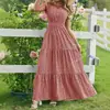 Vestido Longo Transfronteiriço Europeu e Americano Feminino 2026 Amazon Mais Vendido Decote V Cintura Alta Estampado Camadas Manga Curta Floral