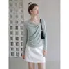 Camiseta feminina estilo coreano, manga longa com babados, ombro a ombro, coleção de outono, ombro a ombro, plissada, modeladora, adequada como top de base