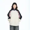 Jaqueta casual estilo retro americano com três listras e color blocking, gola alta, para mulheres, design de primavera e outono, cardigã moletom com zíper, moderno