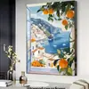 Pintura Mural de Paisaje Costero Limón Pintura Decorativa Moderna para el Hogar Sala de Estar Dormitorio Paisaje Mediterráneo Pintura con Diseño de Marco de Ventana