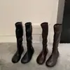 Versión de cuero genuino ~ Botas largas ajustadas de suela plana, que aumentan la altura, de punta redonda para mujeres petite, botas largas elásticas para mujer, botas Martin versátiles