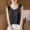 Top de verano para mujer, de punto, con cuello en U, nuevo diseño, estilo nicho, con botones, sin mangas, interior adelgazante y moderno.