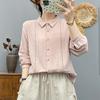 Camisa de Gasa de Algodón de Doble Capa con Mangas Largas para Mujer Encaje Artístico Francés Hueco Suave Agradable a la Piel Transpirable Top Básico