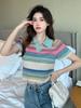 Rayas Arcoíris Reductor de Edad Polo Cuello Hombro Derecho Camiseta Verano Diseño Nicho Contrastante Puro Deseo Tejido Punto Cuello en V Manga Corta Mujer